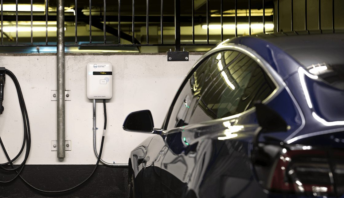 Demonstrates what a typical level 2 EV charger looks like