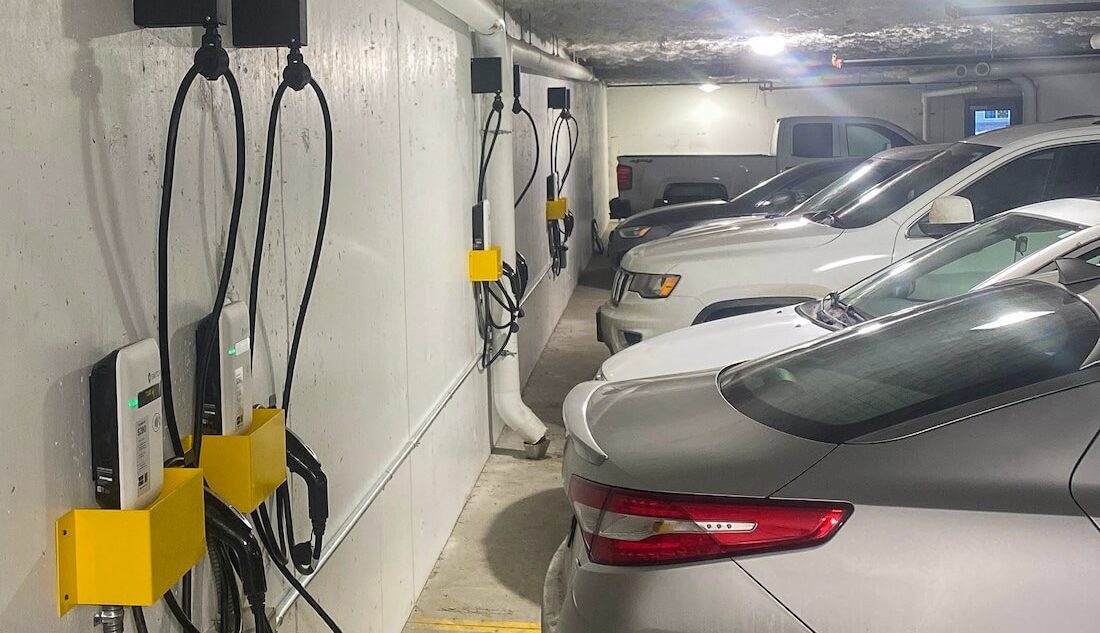 Multifamily EB chargers in an underground garage