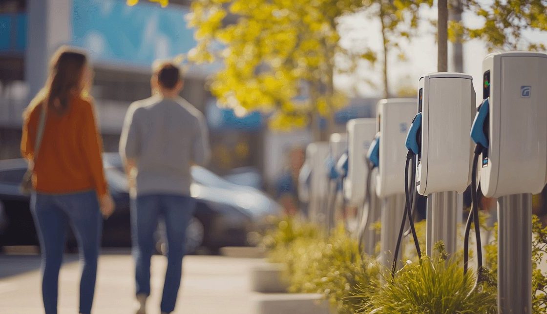 A couple of shoppers walking past EV charging stations in a mall parking lot